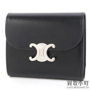 Celine Triomphe Flap Wallet Shiny Calfskin Black Compact Tri Fold